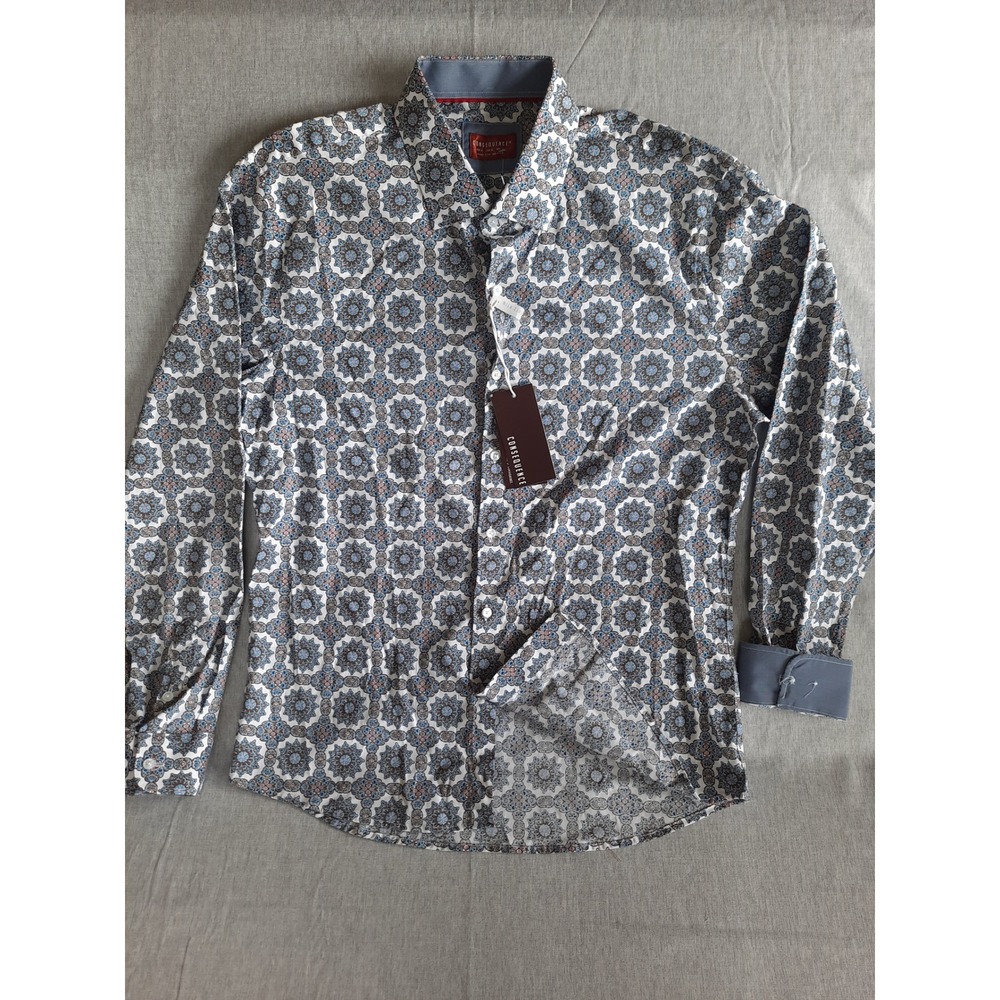 Consequence Mens XL White/Multi Mosaic Art Logo Allover Button Shirt Long Sleeve